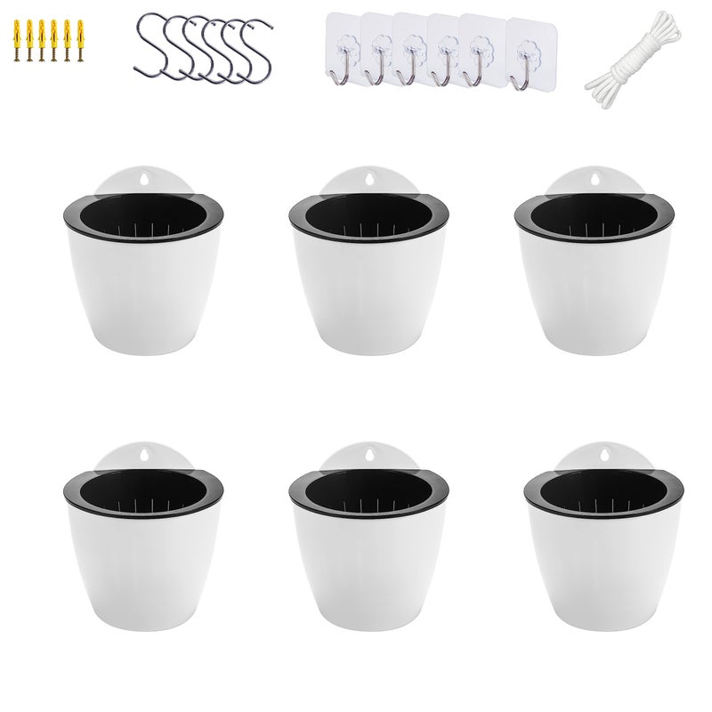 ORIMERC 6 Pack White Hanging Planter Pots Self Watering Vertical Garden Wall Mount Window Hang Round Plastic Container Indoor Outdoor for Plants Flowers Succulent Kitchen Living Herbs Holder Decor(Large) - Image 1